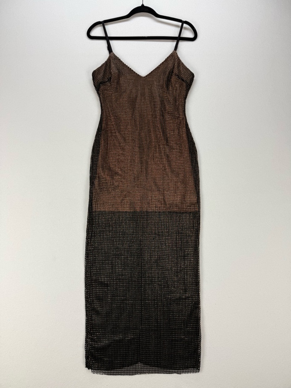 Cosmopolitan x Dress the Population Mesh Midi Dress Bronze Black Fishnet Overlay